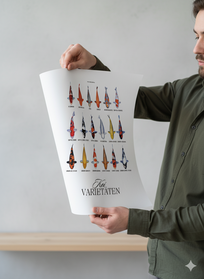 Koi Varietäten Poster – Edles Wandposter mit 18 Koi-Arten