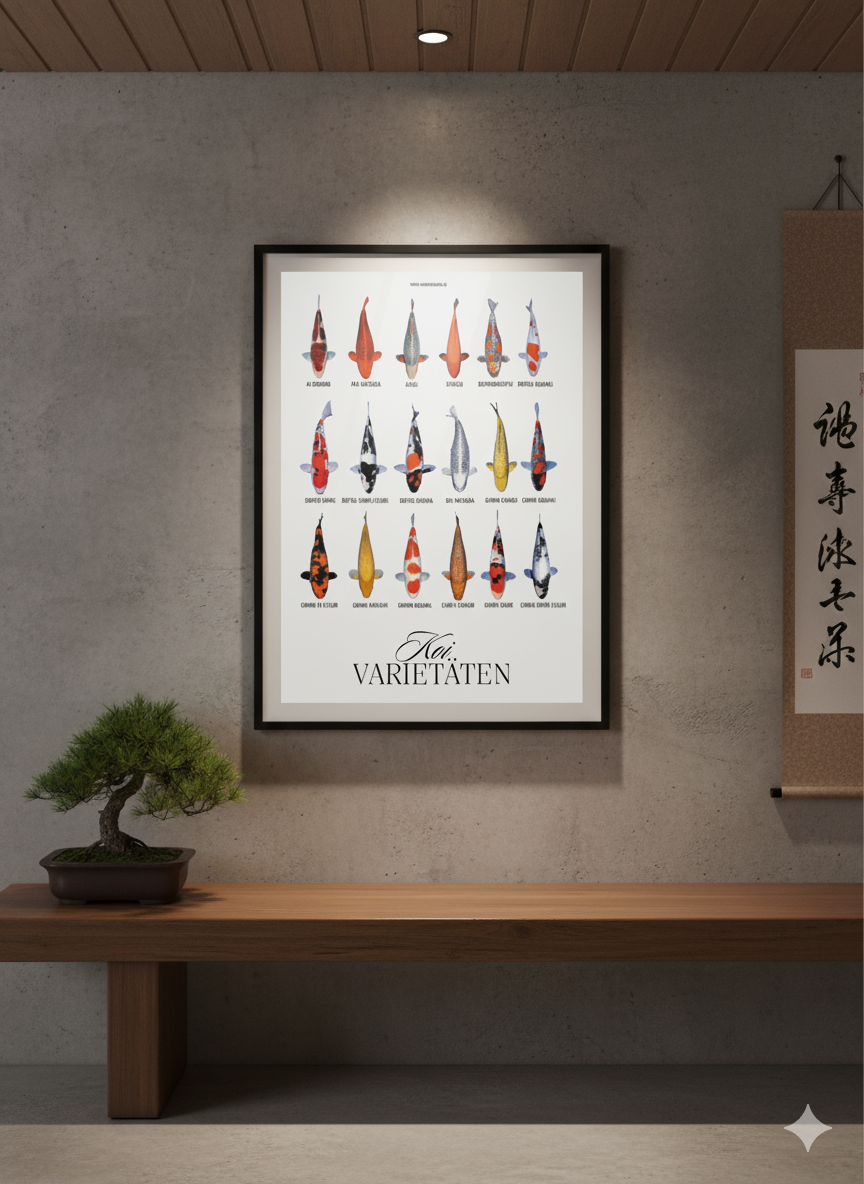 Koi Varietäten Poster – Edles Wandposter mit 18 Koi-Arten