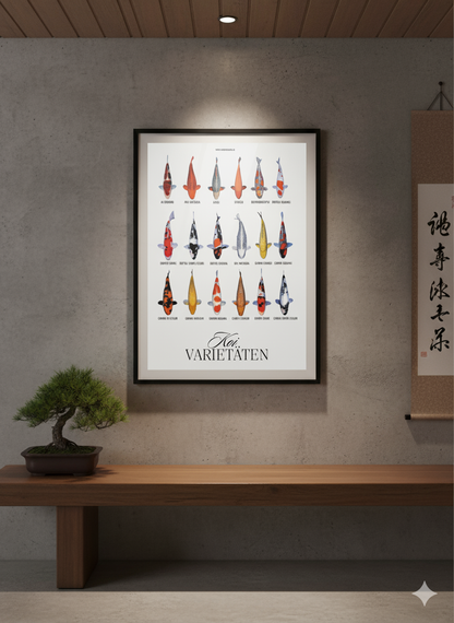 Koi Varietäten Poster – Edles Wandposter mit 18 Koi-Arten