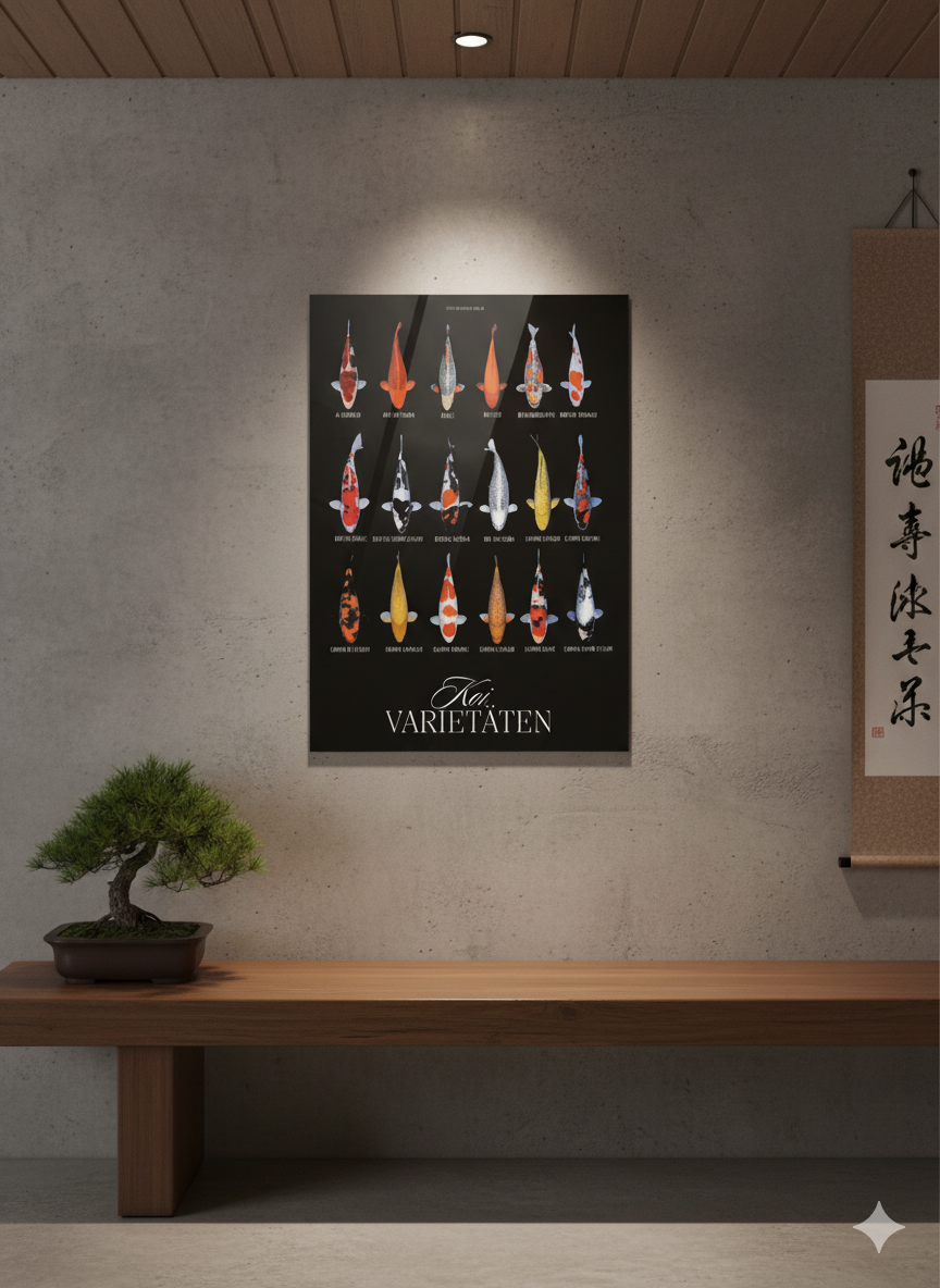 Koi Varietäten Poster – Edles Wandposter mit 18 Koi-Arten