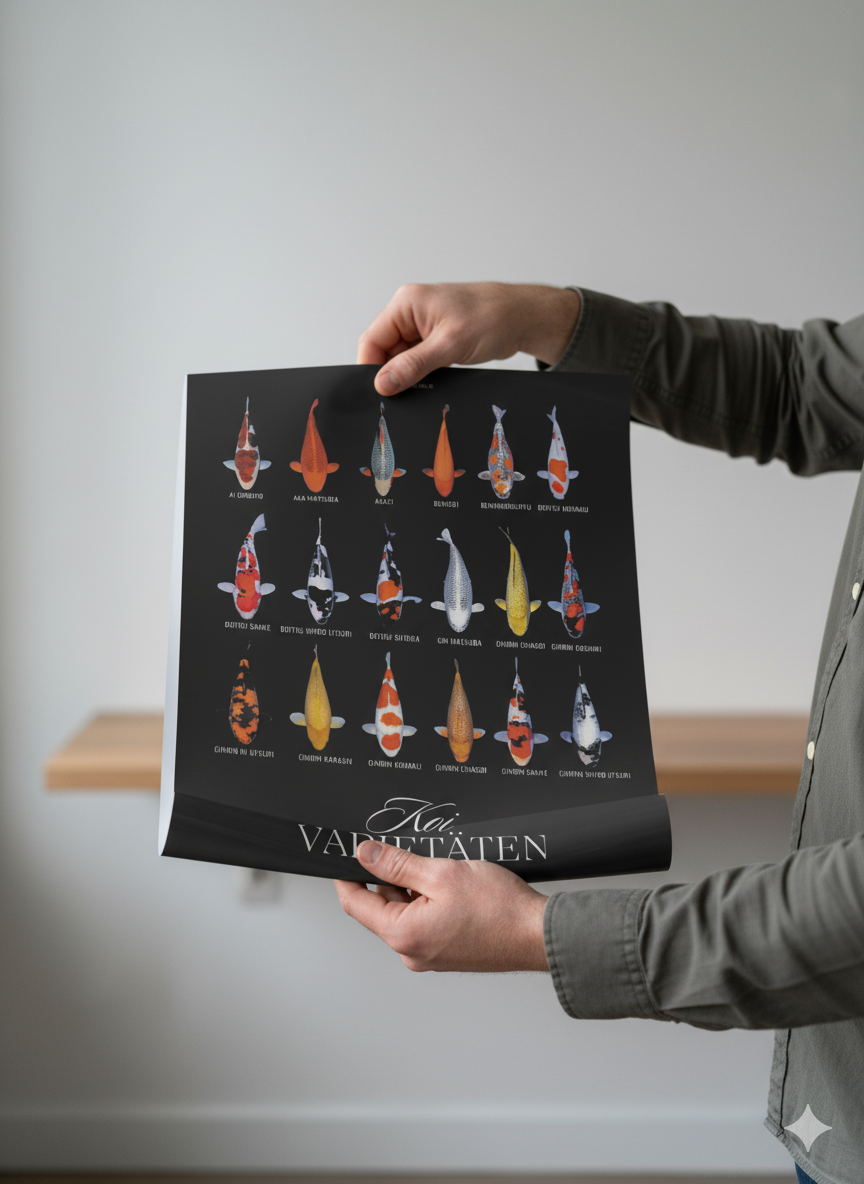 Koi Varietäten Poster – Edles Wandposter mit 18 Koi-Arten
